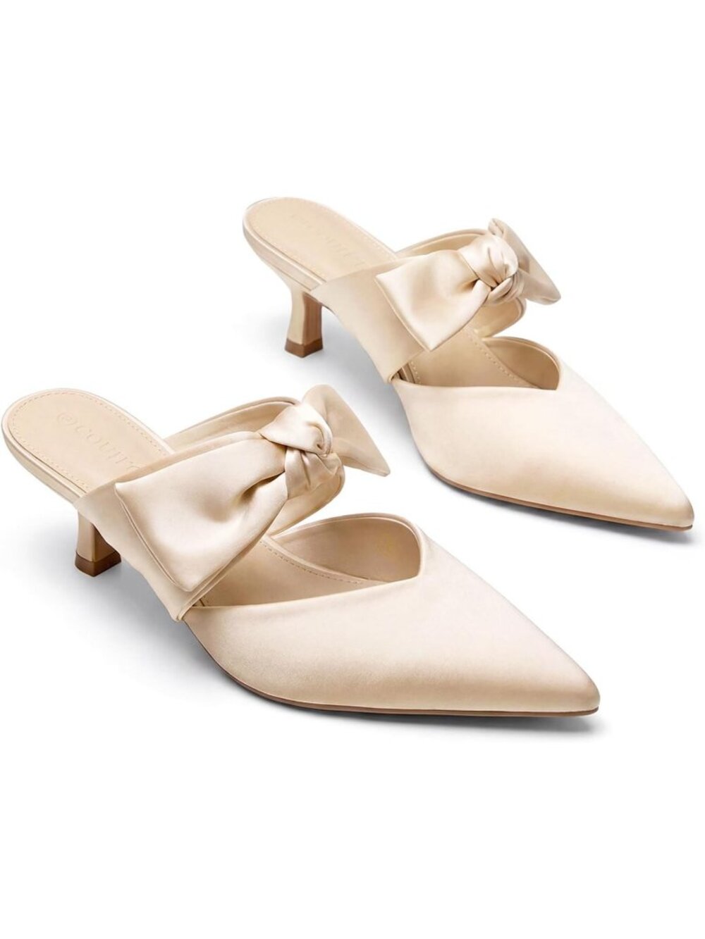 Women's Champagne Rubber Satin Bow Strap Kitten Heels Pointed Toe Slip On Pumps
